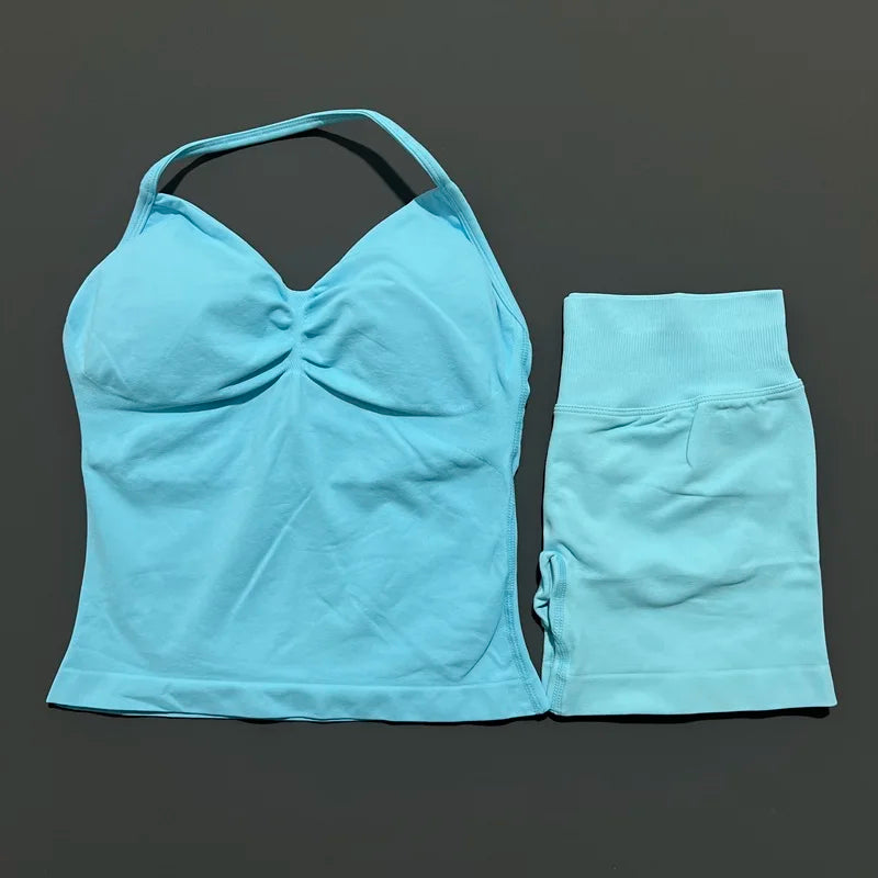 2 Piece Sports Set Women Seamless Yoga Tank With Removable Pads Top Scrunch Butt Workout Leggings Suit Gym Sports Sets