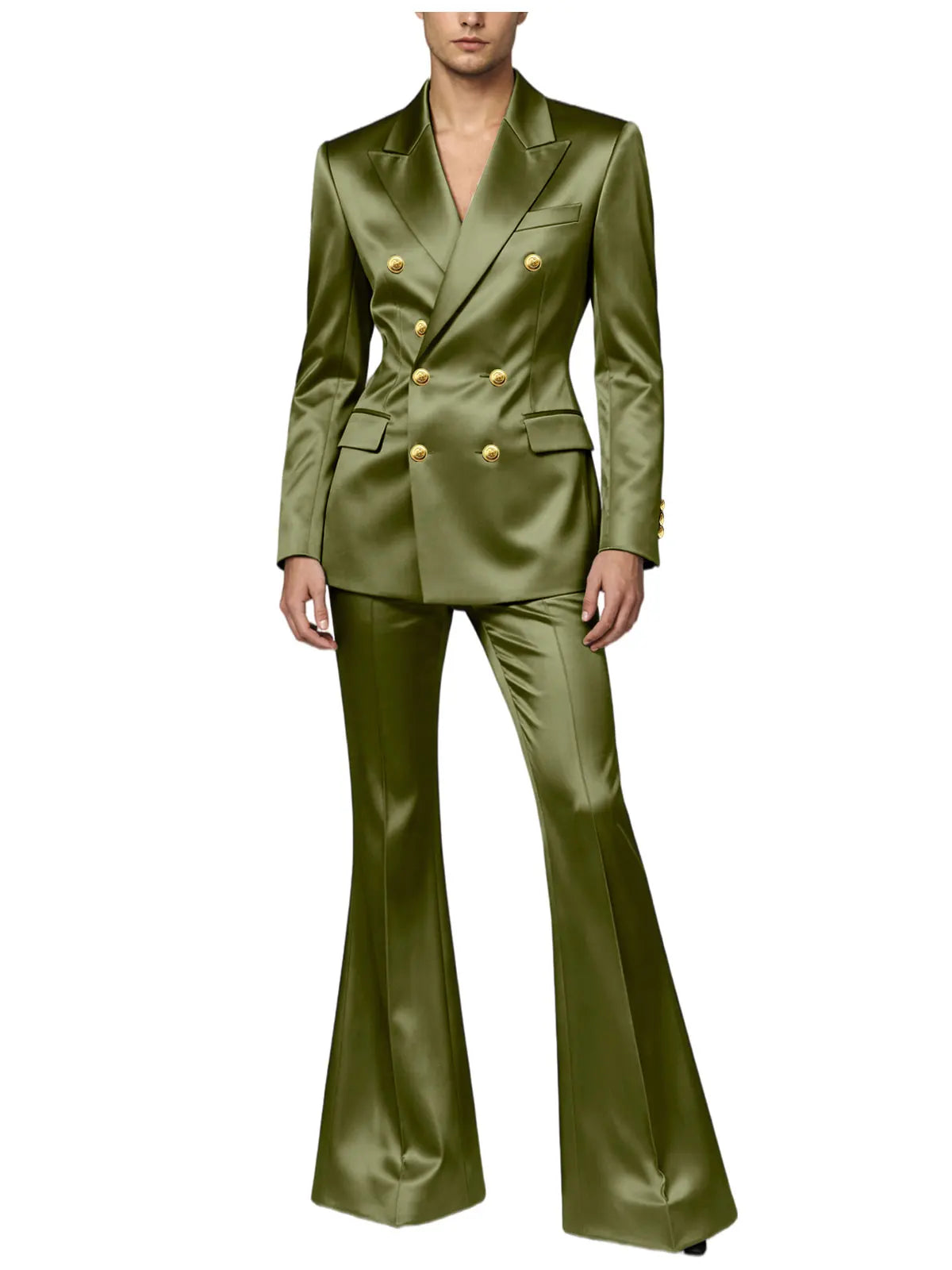 Men's Double Breasted Satin Suit Set 2 Piece Notch Lapel Gold Button Blazer Flare Pants Formal Wedding Prom Party Groom Outfit
