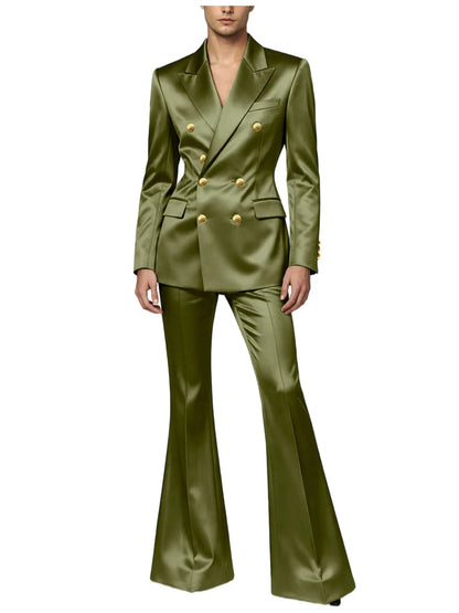 Men's Double Breasted Satin Suit Set 2 Piece Notch Lapel Gold Button Blazer Flare Pants Formal Wedding Prom Party Groom Outfit