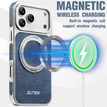 Faux Leather Magnet Wireless Charging Phone Case 360° Rotating Stand Ring Buckle Frosted Feel For iPhone 17 Pro Max 16 15