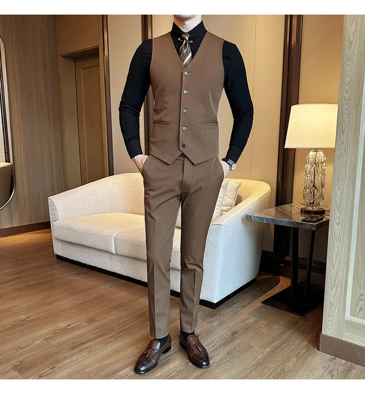 ( Vest + Pants) Men Luxury High Quality Business Suit Vest 2 pieces Formal Groom Wedding Dress Vest Set Fashion Club Clothing