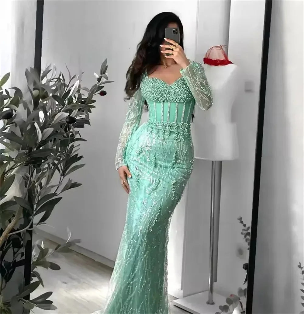 Contessa Custom Luxury Mint Green Mermaid Evening Gown Long Sleeve Corset Heavy Beaded Pearls Dubai Prom Dress Formal Party