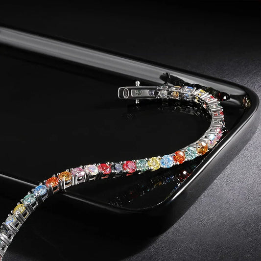 Bracelet de tennis multicolore en moissanite verte, bleue, rose de 3/4/5mm pour femme, en argent 925, test diamant réussi, maillons