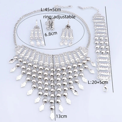 New Tassels Silver Plated Necklace Earrings Bracelet Ring Set for Women Bridal Chains Ethinc Wedding Jewelry Bride Gifts