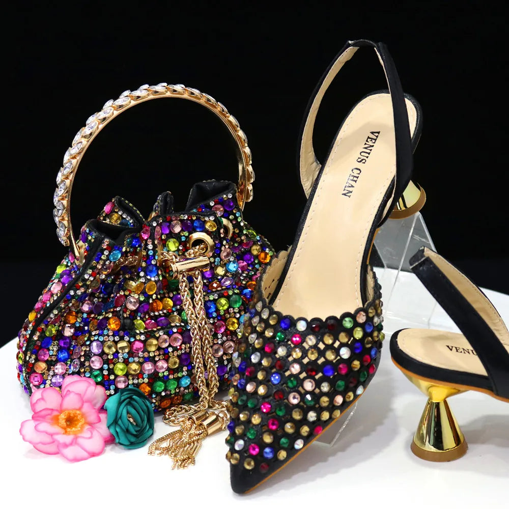 2023 New INS High-Heeled Pointed Toe Wedding Shoes Colorful Full Diamond Design Shoe and Bag Set for Nigeria Party