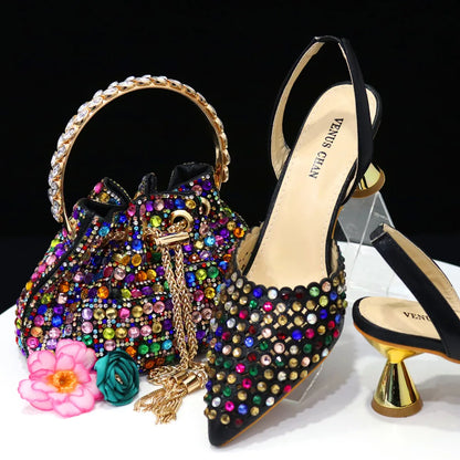 2023 New INS High-Heeled Pointed Toe Wedding Shoes Colorful Full Diamond Design Shoe and Bag Set for Nigeria Party