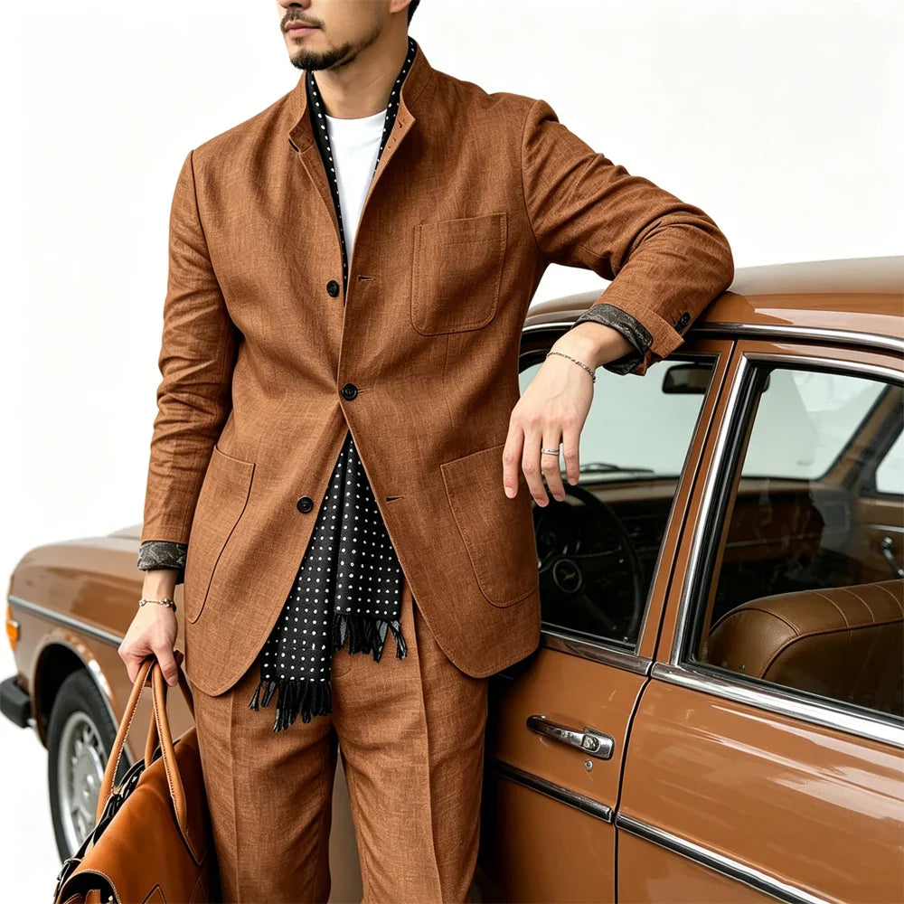 Men's Linen Blend 2 Piece Suit Set Stand Collar Breathable Casual Blazer Pants For Business Daily Wear
