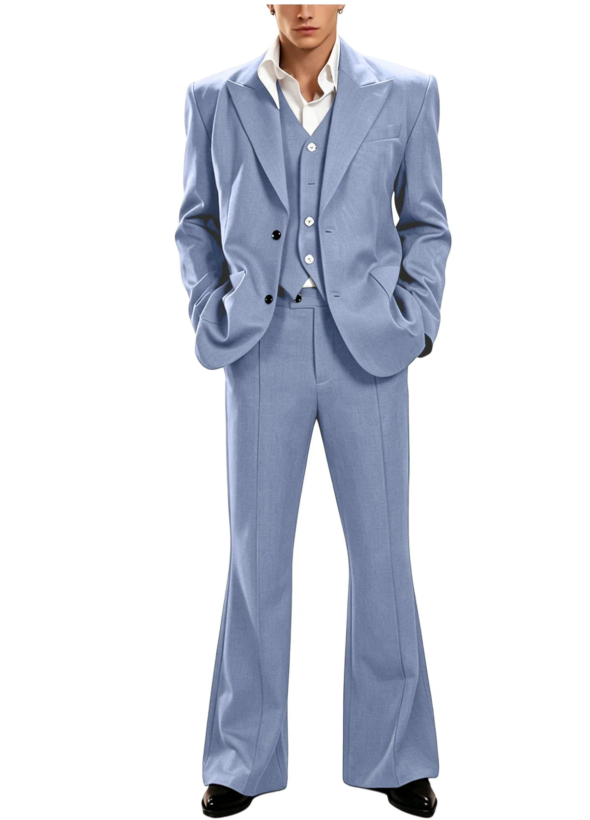 Vintage Men's 3 Piece Suit Set Peak Lapel Slim Fit 2 Button Double Breasted Blazer Vest Flared Pants for Formal Business Wedding