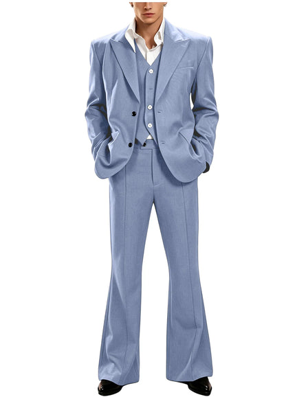 Vintage Men's 3 Piece Suit Set Peak Lapel Slim Fit 2 Button Double Breasted Blazer Vest Flared Pants for Formal Business Wedding
