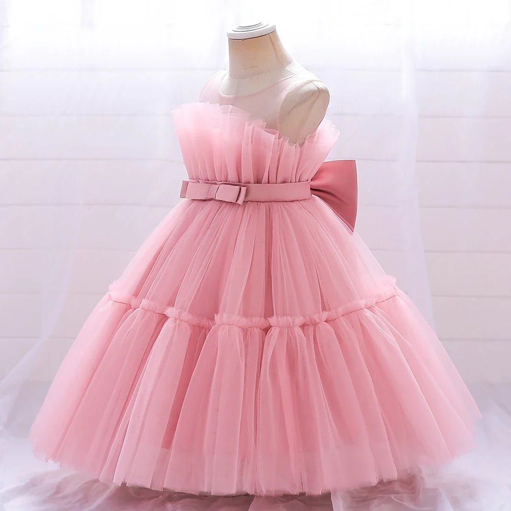 Elegant Ruffles Wedding Party Baby Girls Dress Tulle Pink Bow Bridemaid Princess Birthday Kids Dresses For Girl Evening Costumes