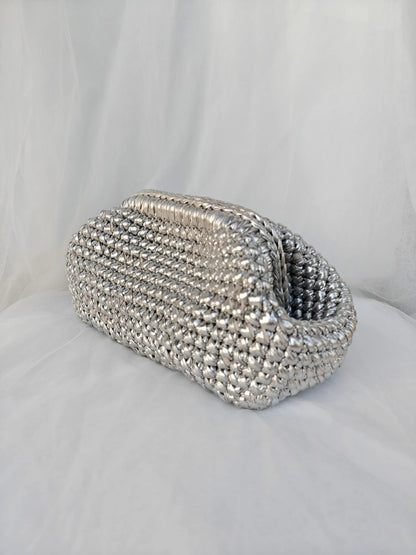 Yingzi Silver Cloth Strip Crochet Clip Bag Woven Underarm Bag Metallic Lustre Clutch Large Size Bag