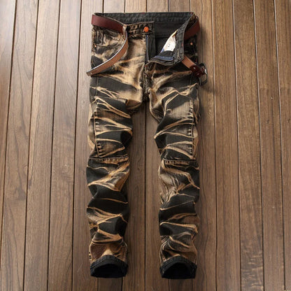 2026 Men's Fashion Vintage Jeans Slim Straight Leg Tie Dye Pleated Biker Denim Pants Male Casual Pants Oversized 42 High Quality