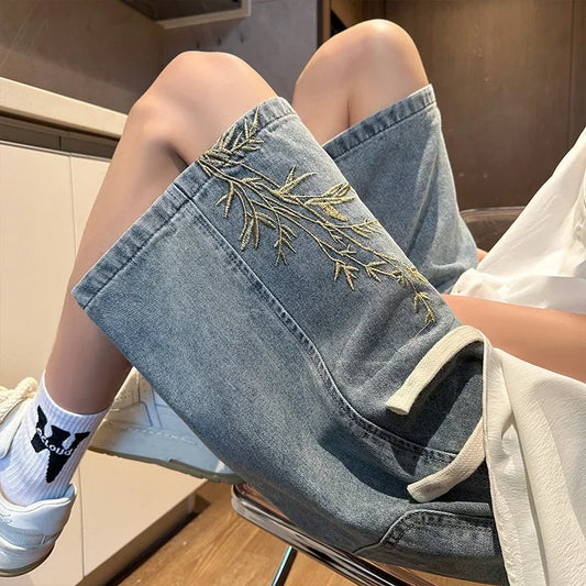 Summer Y2K Baggy Jorts For Men 2026 New Embroidered Short Jean Pants Vintage Wide Leg Bermuda Hip Hop Streetwear Denim Shorts