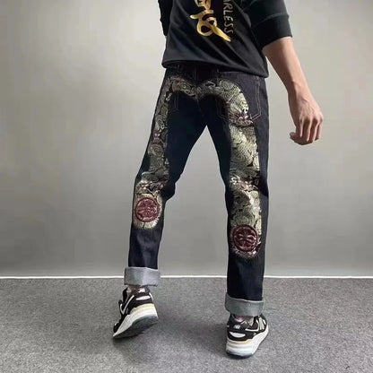 Japanese Handmade Embroidered Jeans Men's Pure Cotton Straight Tube Hip-Hop Popular Slim Red Ears Show Thin Trousers Devil