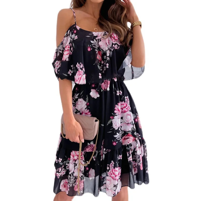 Women's Summer V-Neck Sleeveless Sling Camisole Commuting Printed Chiffon Bohemian Floral Dress For Women