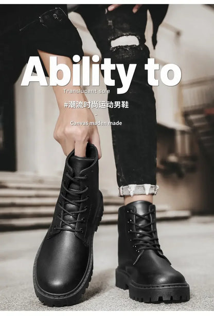 Men Shoes Autumn Anti Slip Waterproof High Top Black Lace Up Casual Leather Shoes Platform Boots Fashion Trend Motorcycle Boots