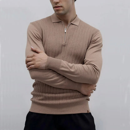 Zip Placket Polo Shirt Men Premium Solid Color Slim Fit Long Sleeve Textured Fabric Business Casual Autumn Winter