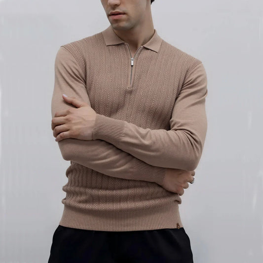 Zip Placket Polo Shirt Men Premium Solid Color Slim Fit Long Sleeve Textured Fabric Business Casual Autumn Winter