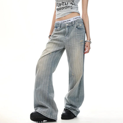 2025 Retro American Waed Striped Hole Denim Jeans Loose High Street Micro Flared Cleanfit Casual Long Trousers for Men And Women