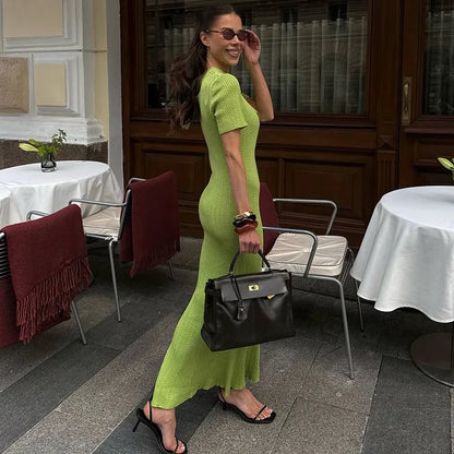 Retro Knitted Long Dress Female Short Sleeve Slim Hollow Retro Elegant Sweater Dress 2025 Summer High Waist Woman Dress
