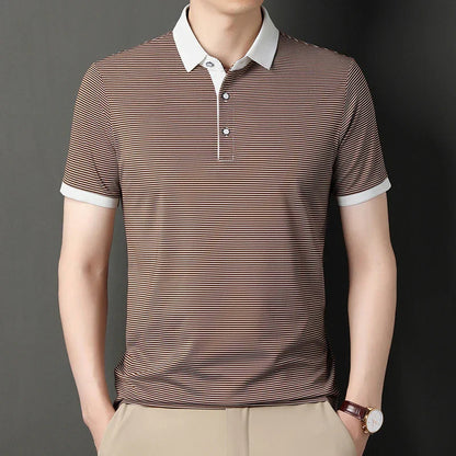 2024 Men's New Striped Cotton Business Casual Short Sleeved POLO Shirt Fashion Short Sleeved Comfortable and Breathable Top