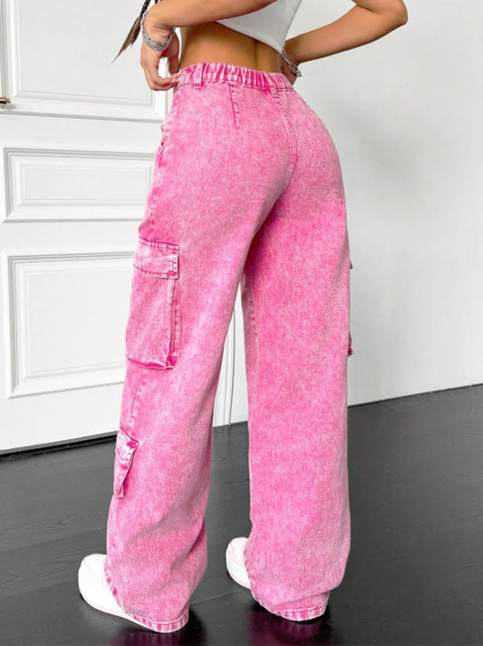 Pink cotton women's wide-leg loose-fitting jeans, multi-pocket Y2K style pink fashionable jeans