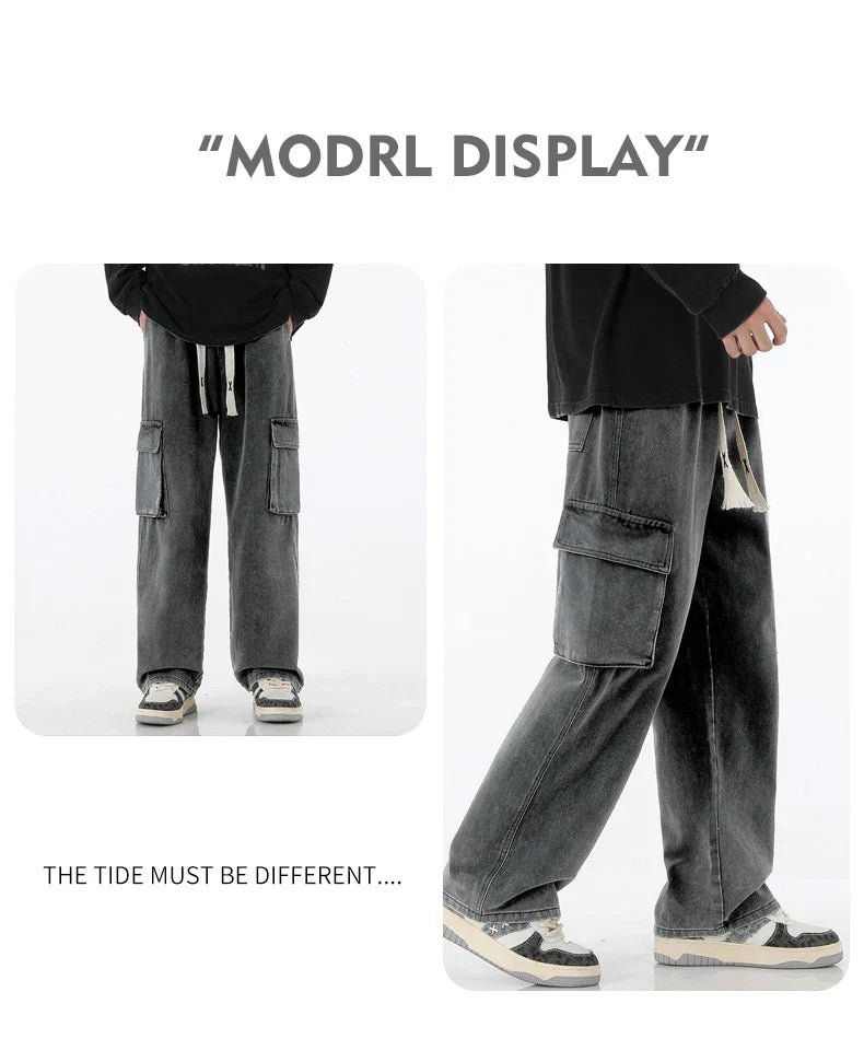 2024 New Men Baggy Cargo Jeans Fashion Streetwear Vintage Wide Leg Pants American Streetwear Y2K Big Pocket Youth Overalls