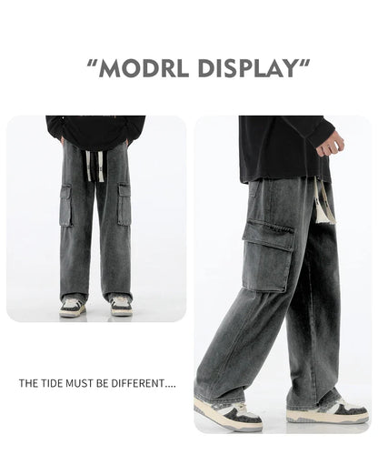 2024 New Men Baggy Cargo Jeans Fashion Streetwear Vintage Wide Leg Pants American Streetwear Y2K Big Pocket Youth Overalls