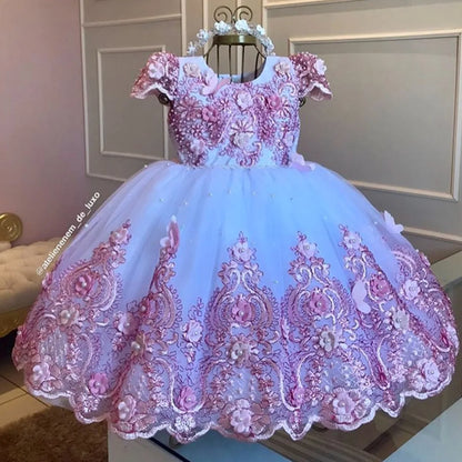 Baby Girl Birthday Dress Lace Pearls Infant Tutu Dress Princess Flower Girl Dress Cap Sleeve Long Party Gown