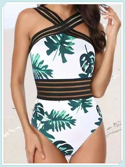 Solid Mesh Tape Swimsuit 2026 One Piece Sexy High Neck Swimwear Women Cross Front Bathing Suit Female Padded Beachwear Bodysuit