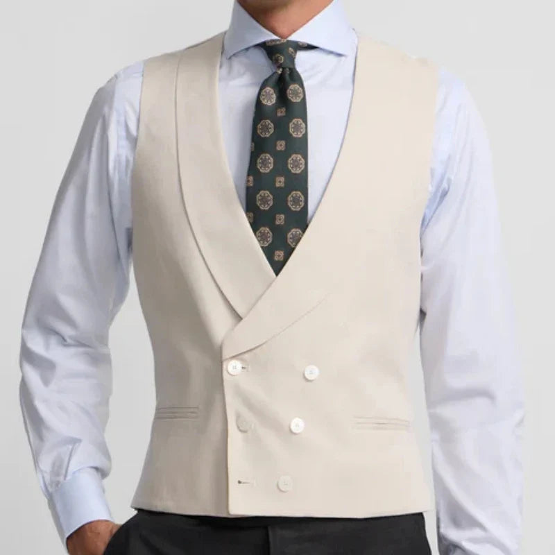 Men Vest Ivory With Lapel Double Button Solid Waistcoat For Wedding Banquet Birthday Business Casual Work Set Men Suit Vest