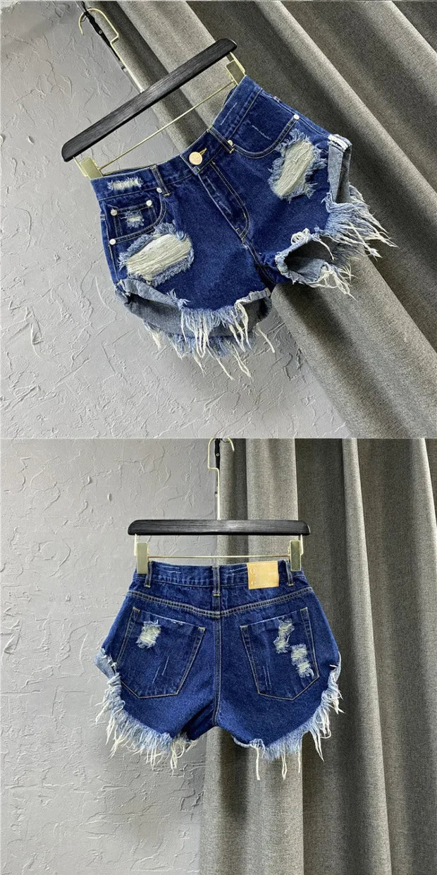 Sexy Low-waisted Denim Shorts 2026 New Summer Hole A Wide-leg Pants Ripped Jeans for Women