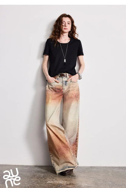 Women Jeans 2026 Spring New Wilderness Wasteland Style Mid Low Waist Loose Printed Wide Leg Pants