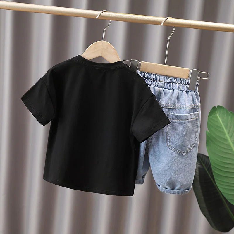 Summer Baby and Boys Cotton 3D Printed Lace Up Top t-Shirt+Denim Shorts Pant Set School Kids 2PCS Tracksuit Child Outfits 1-12Yr