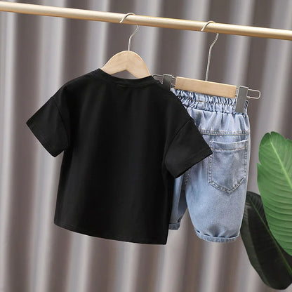 Summer Baby and Boys Cotton 3D Printed Lace Up Top t-Shirt+Denim Shorts Pant Set School Kids 2PCS Tracksuit Child Outfits 1-12Yr