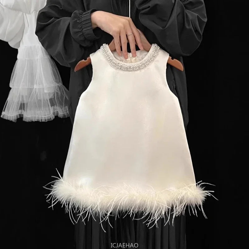 Girls Satin Feather Princess White Dress Clothes Baby Kids Birthday Party Gown Kids Formal Outfit Children Summer Costumes
