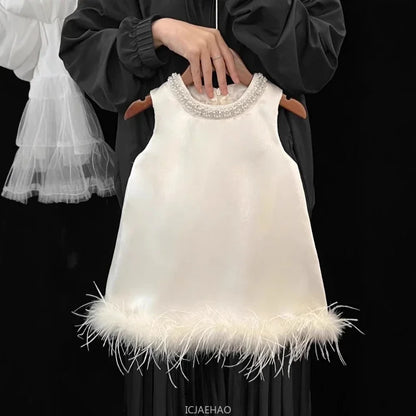 Girls Satin Feather Princess White Dress Clothes Baby Kids Birthday Party Gown Kids Formal Outfit Children Summer Costumes