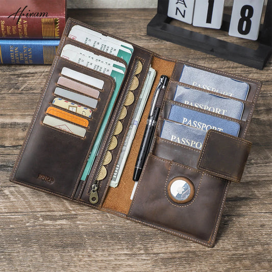 Portefeuille familial en cuir véritable avec étui Airtag anti-perte, étui pour passeport, porte-cartes, porte-stylo, pochette de voyage pour passeport