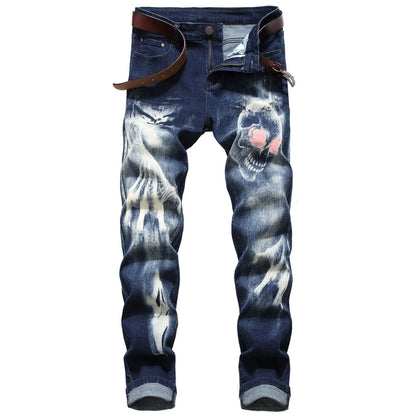 2026 Men's Blue 3D Printing Jeans, Black Wolf Pattern Printed Punk Straight Cotton Casual Print Denim Pants Asian Size 28-42