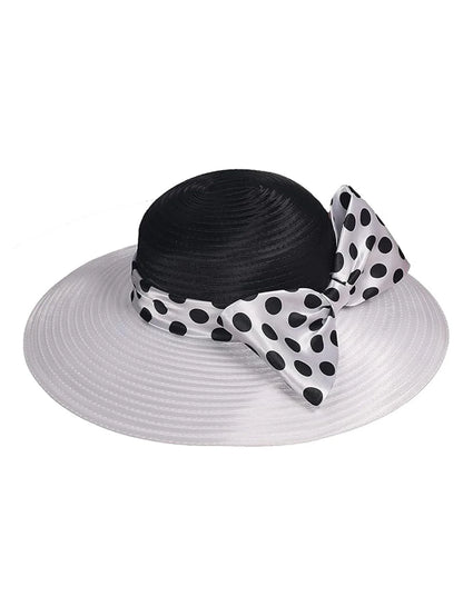 Elegant Women Wide Brim Rose Black Patchwork Polka Dots Kentucky Hat For Wedding Party Hat Big Bowknot Fedora Beach Cap