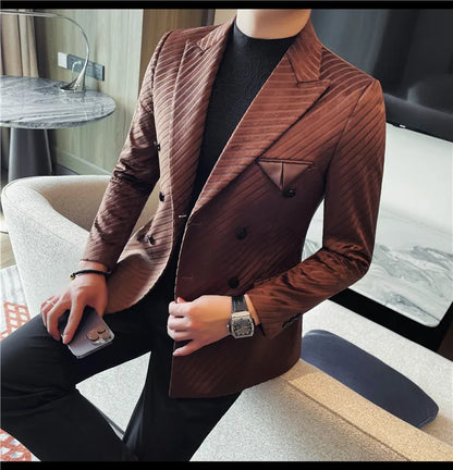 British Style Luxury Men Double Breasted Twill Suit Jacket High Quality Fashion Business Slim Fit Groom Social Party Suit Dress