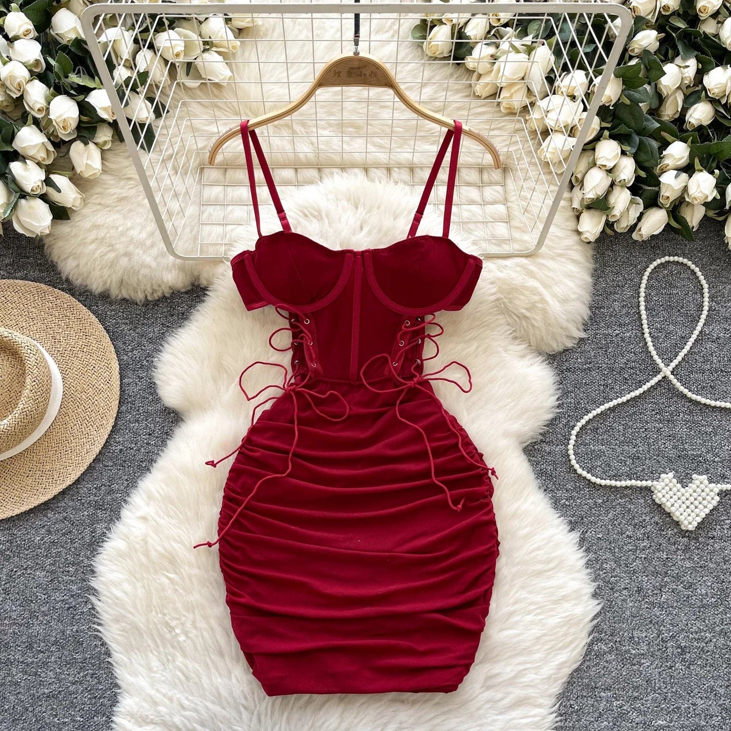 Ins Sexy Hollow Out Sling Dress with Exposed Waist Bandage Pleated Slim Fit Bodyocn Girl's Photo Date Short Dress