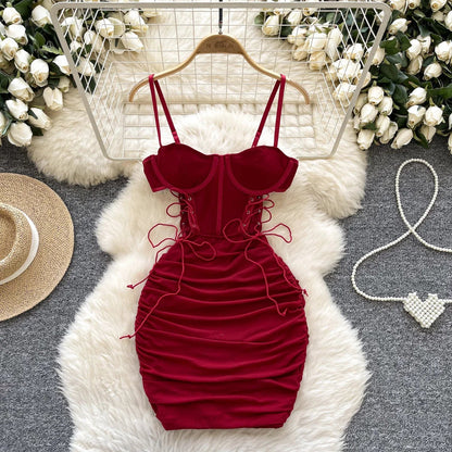 Ins Sexy Hollow Out Sling Dress with Exposed Waist Bandage Pleated Slim Fit Bodyocn Girl's Photo Date Short Dress