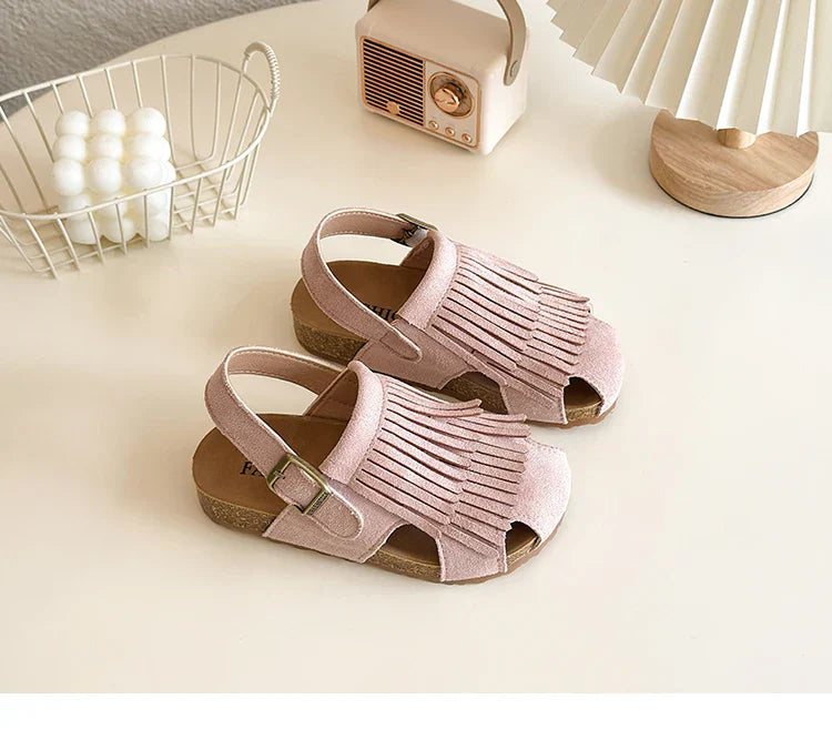 Summer Anti-Slippery Kids Suede Sandals for Girls Non-Slip Closed Toe Toddler Beach Shoes with Cute Tassels School Casual Wear