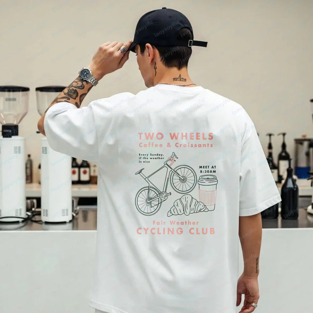 Cycling Club Cropped T-Shirt Hand-Drawn Bike Coffee & Croissants Graphic T Shirts Oversized T Shirt High Quality Cotton Tops Tee