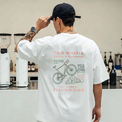 Cycling Club Cropped T-Shirt Hand-Drawn Bike Coffee & Croissants Graphic T Shirts Oversized T Shirt High Quality Cotton Tops Tee