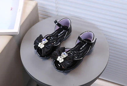 Girl's Fish Mouth Shoes with Rhinestone Bear Decos Prom Party Sandals for Kids Girl Nice Butterfly-knot Students Footwear I10281