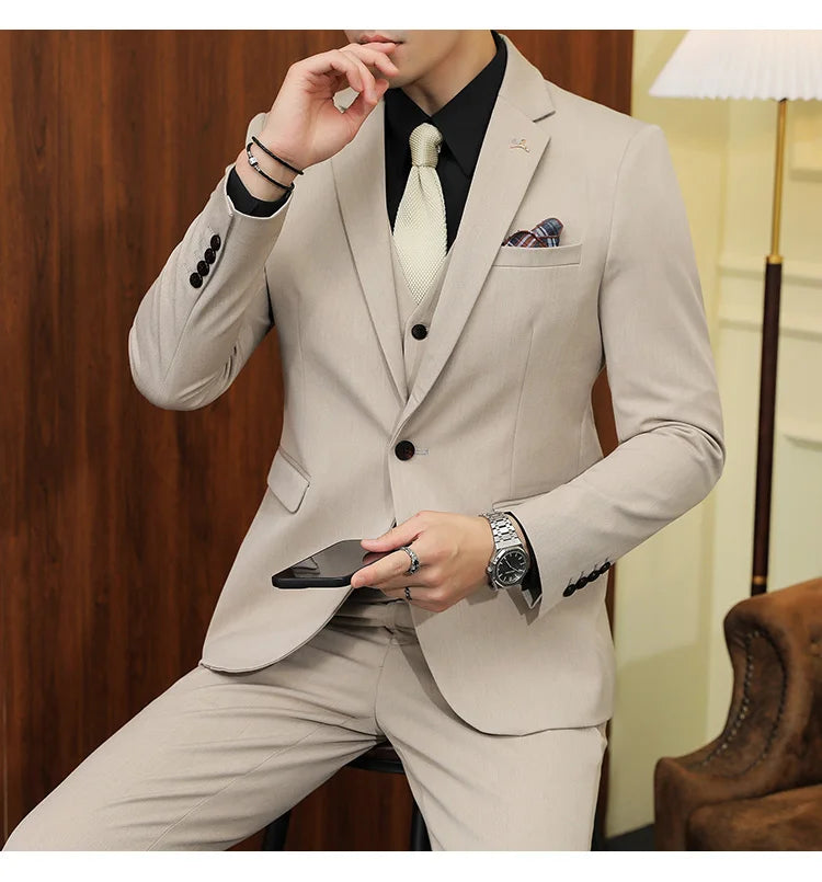 S-7XL Jacket Vest Pants Luxury Elasticity Boutique Fashion Men's Solid Color Casual Business Suit 3-piece Sets Groom Wedding