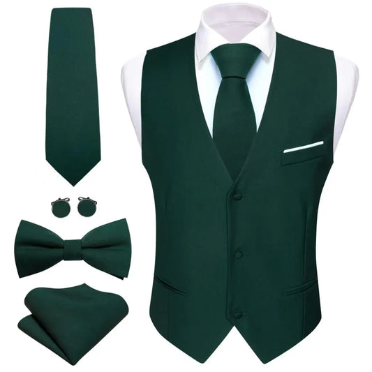 Designer Men's Vest Dark Green Solid Silk Satin Waistcoat Tie Bowtie Hanky Wedding Formal Male Suit Sleeveless Jacket Barry Wang