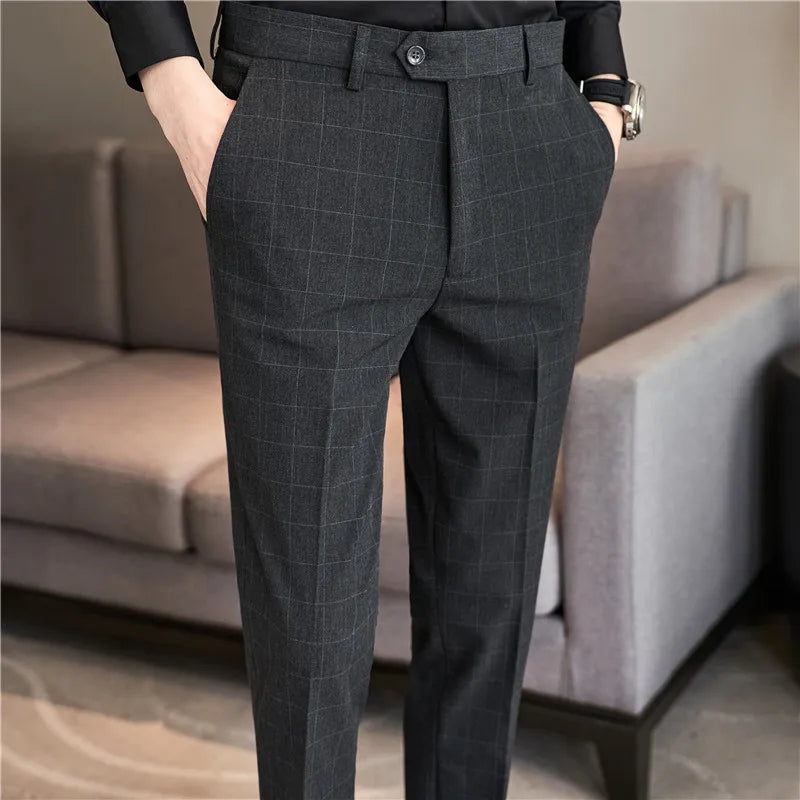 2026 High Quality Men's Plaid Striped Suit Pants Fashion Business Slim Fit Casual Straight Pants Formal Wedding Party Trousers